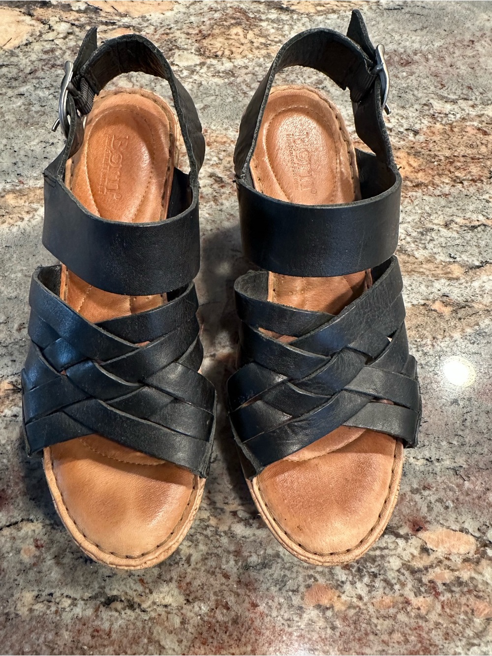 Born Black Leather Woven Slingback Sandals